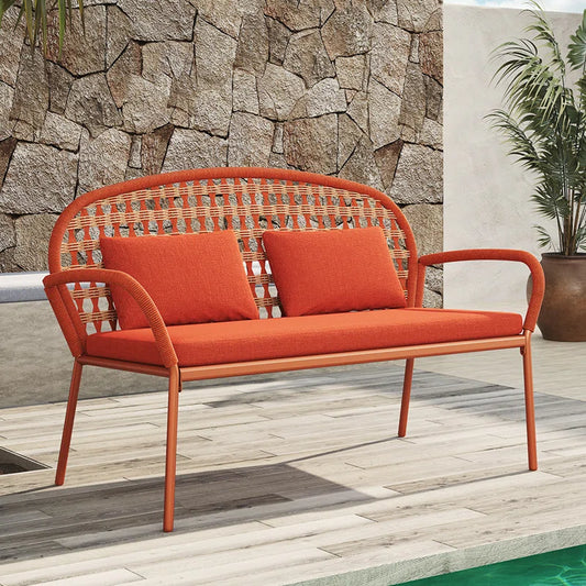 Vintage Orange Steel Bench With Fancy Rope, Olefin Cushion And Pillow